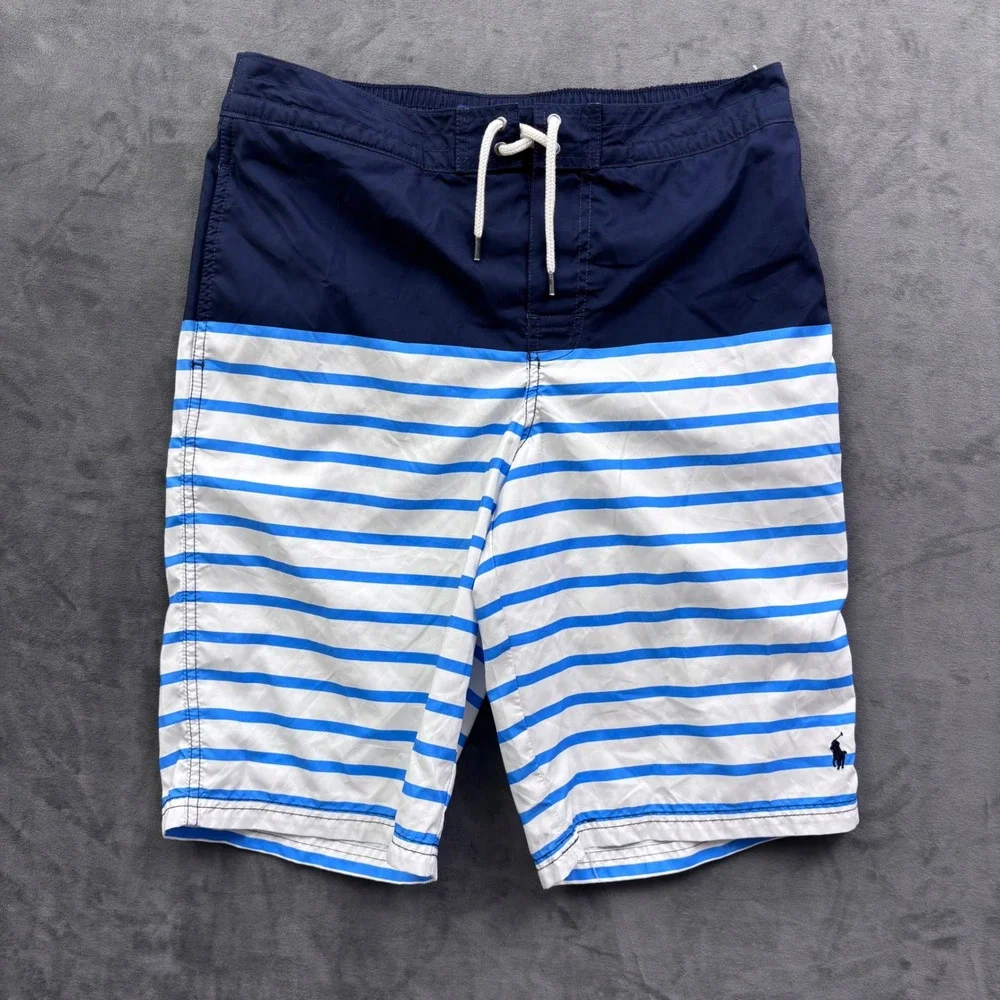 Polo Ralph Lauren Boys Swim Trunks XL 18-20 Navy Blue White Striped Shorts